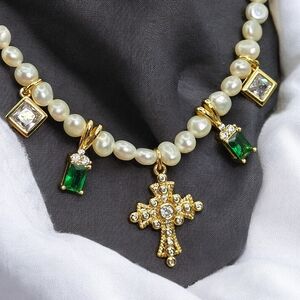 Vanessa Mooney Calloway Cross Pearl Clear Emerald Green CZ Necklace